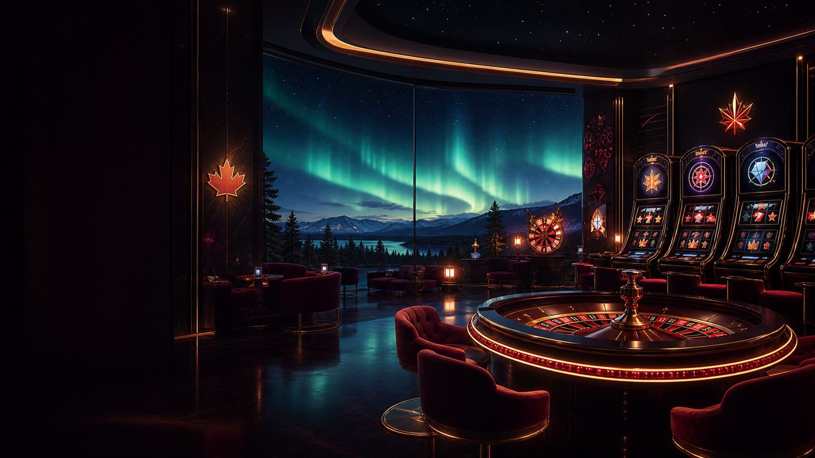 Luxury social casino lounge with aurora lights